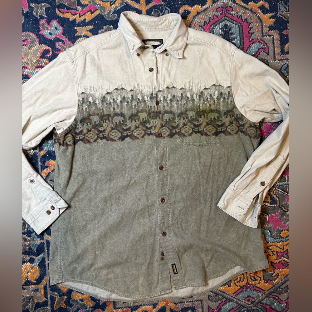 Vintage John Rich and Bros Woolrich Flannel Shirt with Bears, Trees, Aztec Print